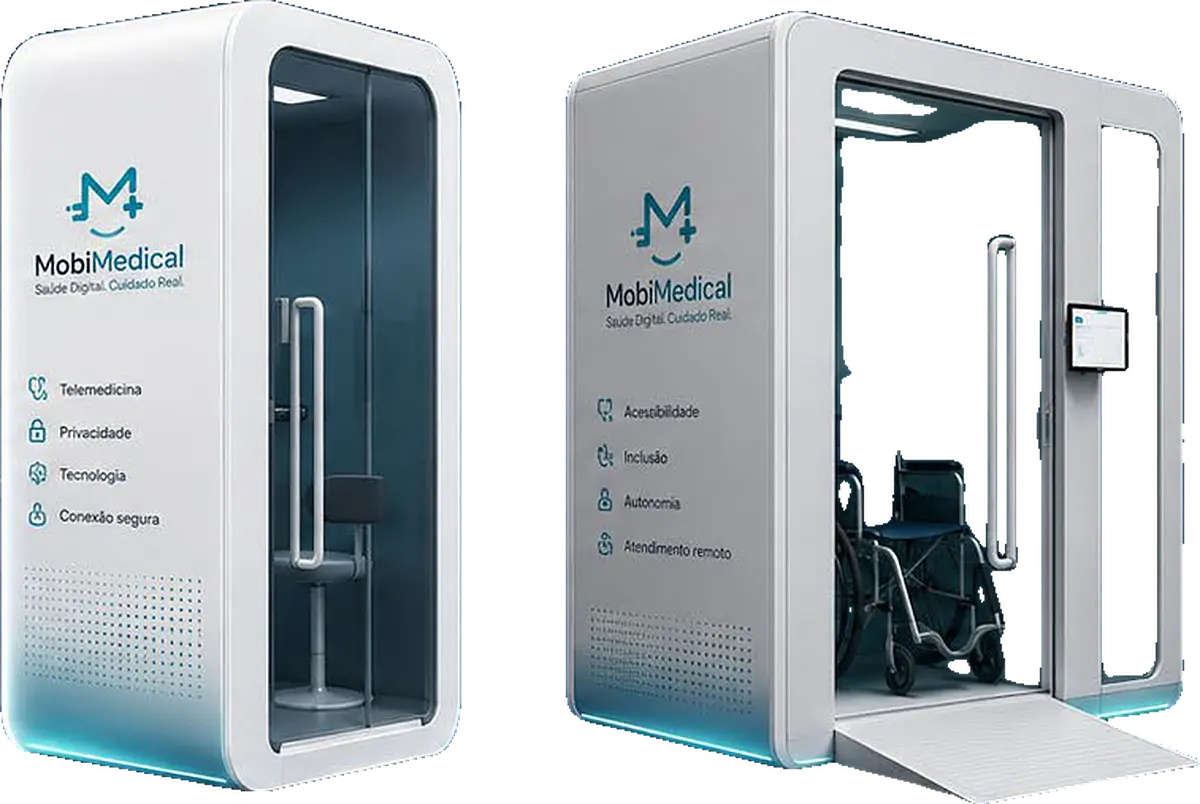 Cabine de telemedicina e cabine de acessibilidade MobiMedical, com rampa e cadeira de rodas