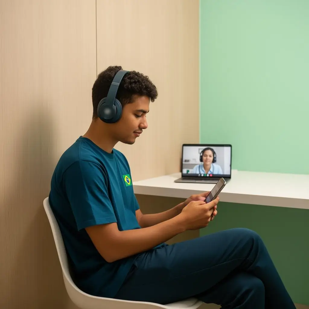 Jovem com fone de ouvido usando o celular em uma teleconsulta, com a profissional de saúde na tela do notebook
